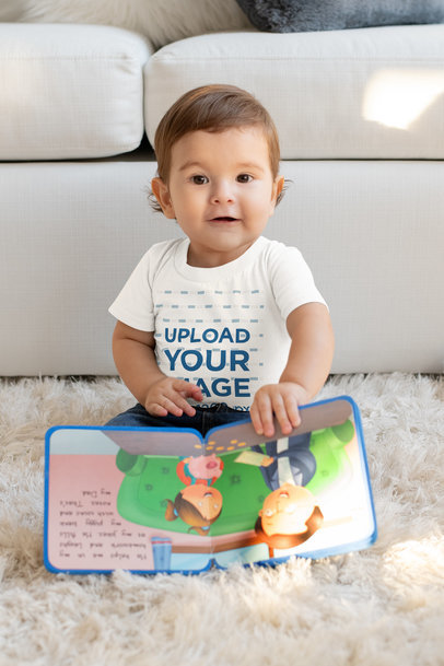 Crewneck Onesie Mockup of a Baby Playing in Front of a Couch