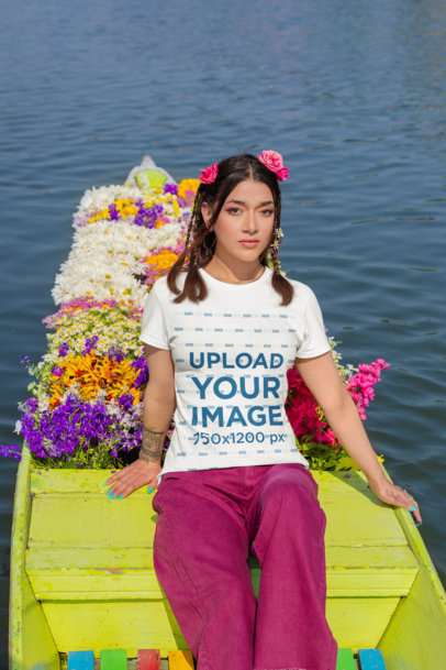 Gildan T-Shirt Mockup Featuring a Woman Posing on a Boat With Flowers m35559