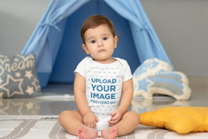 Onesie Mockup Featuring a Cute Baby Boy Sitting on the Floor m992