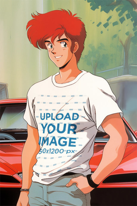T-Shirt Mockup of a Retro Anime Character Standing by a Car