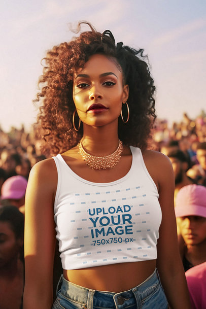 Mockup of a Curly-Haired Woman Generated by AI Wearing a Crop Top at a Concert