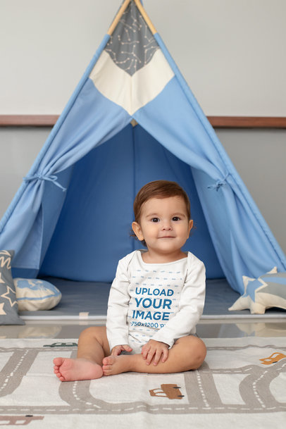 Long-Sleeve Onesie Mockup of a Sweet Baby Boy Posing in a Nursery
