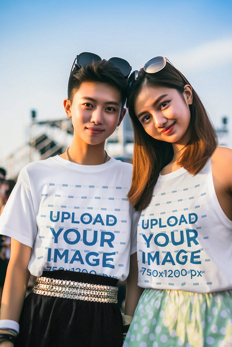 T-Shirt and Tank Top Mockup of Two AI-Generated Women Posing in a Concert