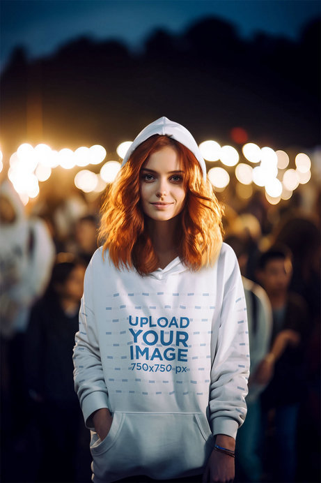 Mockup of an AI-Created Woman Wearing a Pullover Hoodie at a Concert