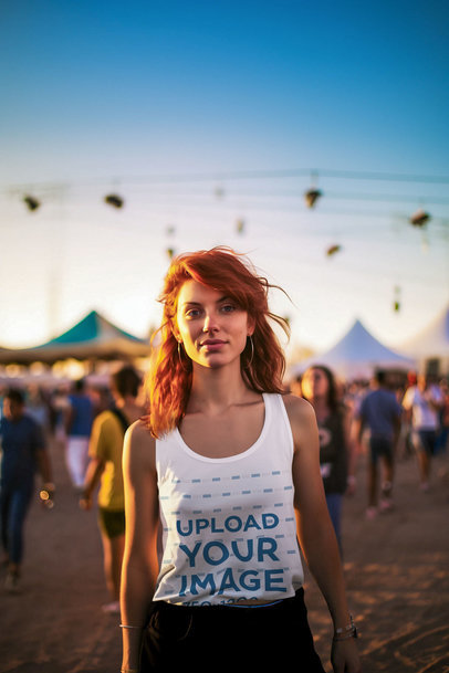 Tank Top Mockup of an AI-Generated Woman Posing in a Music Festival