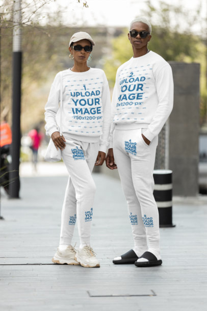Gildan Sweatshirt Mockup of a Man and Woman With Cotton Heritage Sweatpants
