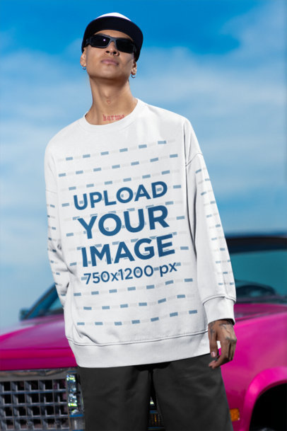 Sweatshirt Mockup of a Man With Tattoos Standing Against a Car