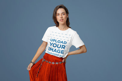 Bella Canvas Tee Mockup of a Woman Wearing a Boho-Style Outfit in a Studio