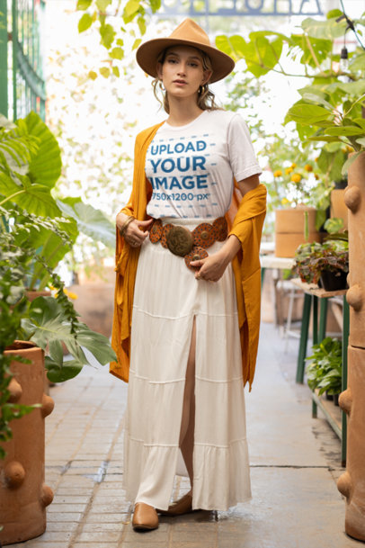 Boho-Inspired Mockup Featuring a Woman Wearing a Bella Canvas T-Shirt