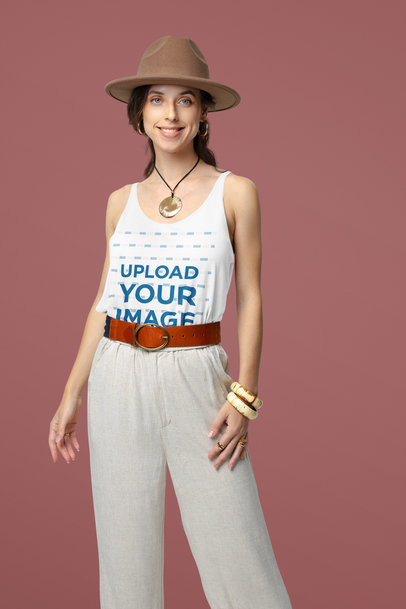Bella Canvas Tank Top Mockup of a Smiling Woman in a Boho-Inspired Outfit