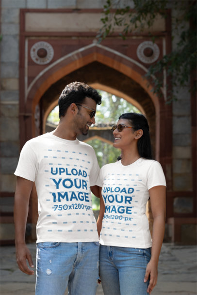 Gildan T-Shirt Mockup Featuring a Smiling Man and Woman Looking at Each Other