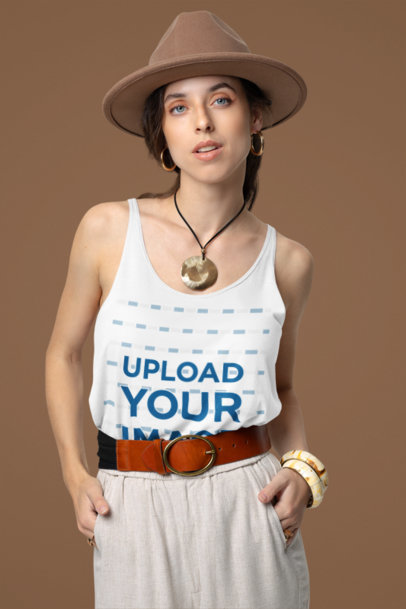 Bella Canvas Tank Top Mockup Featuring a Woman Wearing a Boho-Styled Outfit