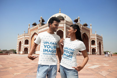Gildan T-Shirt Mockup of a Man and a Woman Posing in Front of Humayun's Tomb