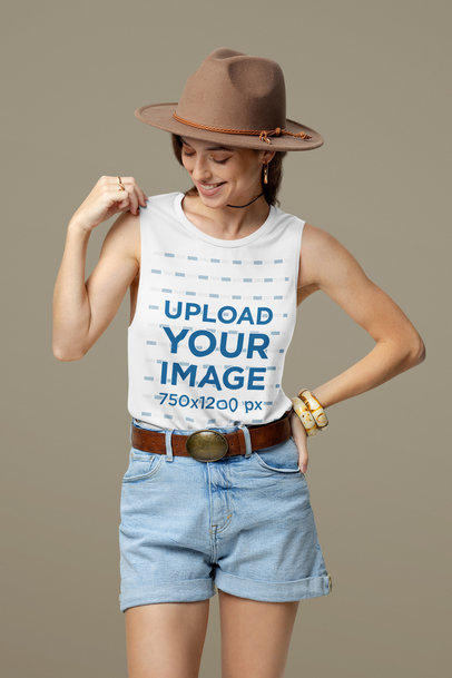 Bella Canvas Tank Top Mockup Featuring a Cheerful Woman in a Boho Style Posing in a Studio