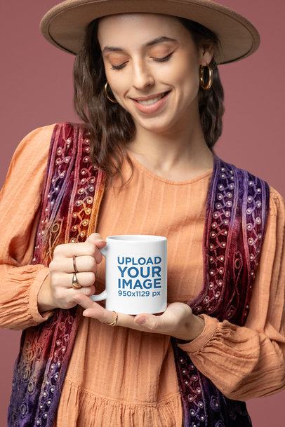 11 Oz Coffee Mug Mockup Featuring a Smiling Woman With a Boho Style