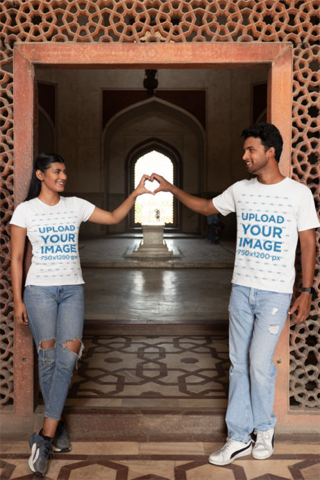 Gildan T-Shirt Mockup Featuring a Romantic Couple Making a Heart Hand Sign