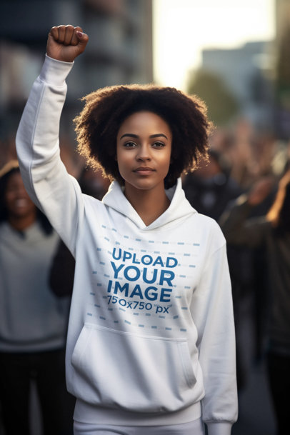 Hoodie Mockup Featuring an AI-Generated Woman Protesting in the Street