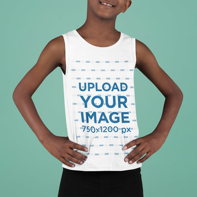 Tank Top Mockup of a Smiling Cropped-Face Boy Posing With His Hands on His Waist