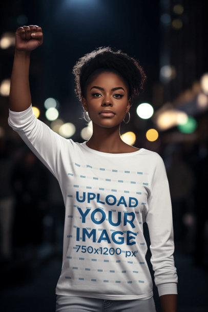 Long-Sleeve Tee Mockup of an AI-Generated Woman Posing in a BLM Protest