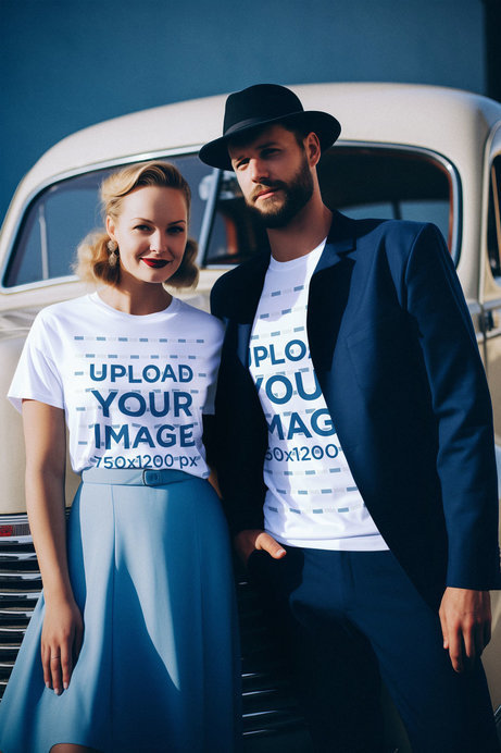 Round-Neck T-Shirt Mockup Featuring an AI-Generated Couple With a 40s-Themed Style