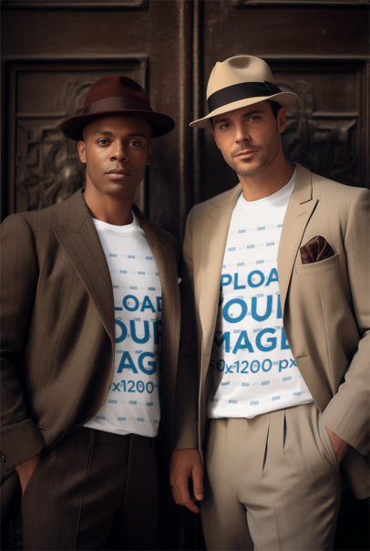 Long-Sleeve Tee Mockup Featuring Two AI-Generated Men in a Retro Style