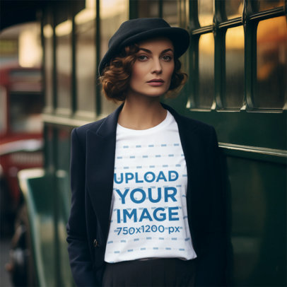 Retro-Themed Mockup of an AI-Generated Woman With a T-Shirt Wearing a 30s Style