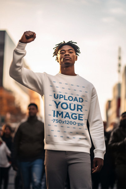 Crewneck Sweatshirt Mockup Featuring an AI-Generated Serious Man in a Black Power Protest
