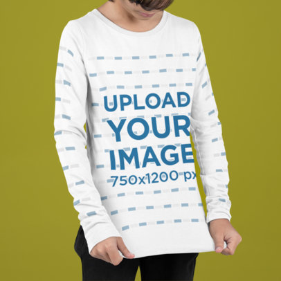 Long-Sleeve Tee Mockup of a Cropped-Face Boy Standing in a Studio