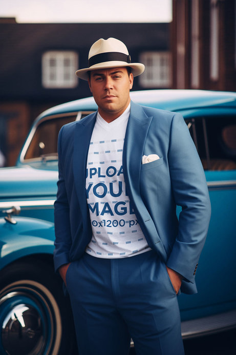 V-Neck Tee Mockup of an AI-Generated Man Wearing a 40s-Inspired Suit