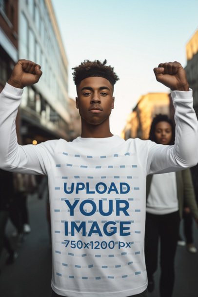 Long-Sleeve Tee Mockup Featuring an AI-Generated Man Posing for a Black History Month Protest