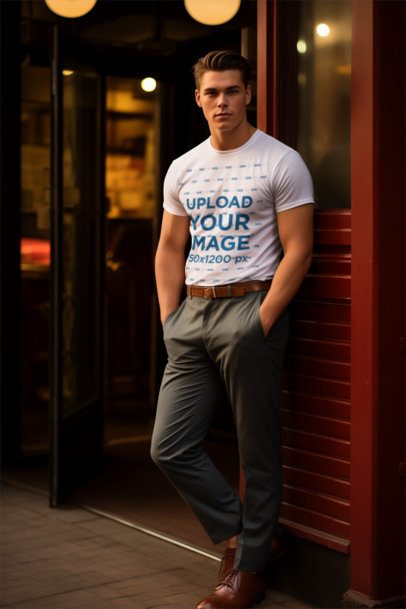 Round-Neck T-Shirt Mockup Featuring an AI-Generated Man in a 40s Aesthetic m37058