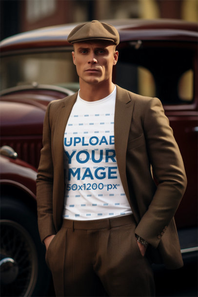 T-Shirt Mockup of an AI-Generated Serious Man Wearing a Retro Look