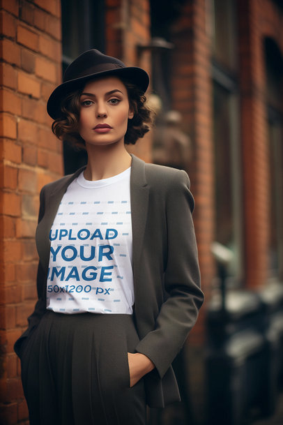 T-Shirt Mockup of a Woman Generated by AI Wearing a 30s-Inspired Outfit