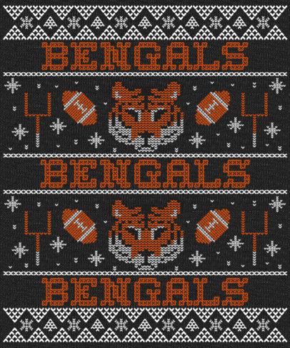 Xmas Ugly Sweater-Style T-Shirt Design Creator with Tiger Graphics for a Football Team