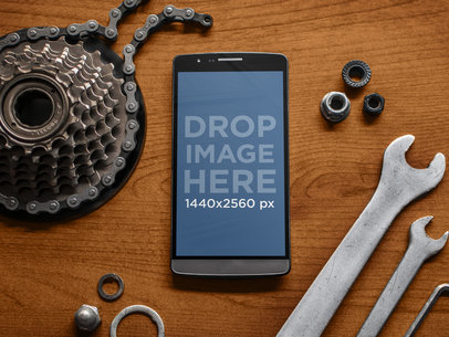 Android Mockup Template of Black LG G3 at a Bike Shop