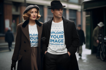 T-Shirt Mockup Featuring an AI-Generated Man and Woman With 30s-Styled Outfits