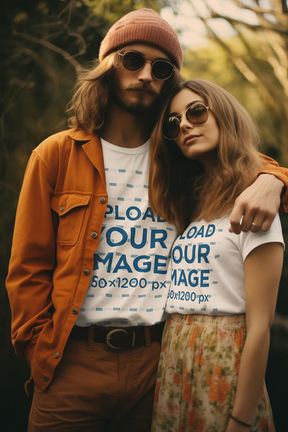 Mockup of a Man and a Woman Wearing Matching T-Shirts for a 60s-Inspired Look