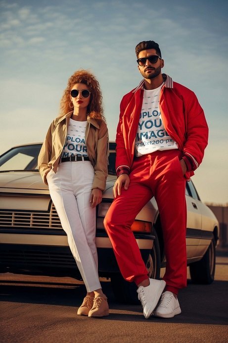 T-Shirt Mockup of a Woman and a Man Wearing 80s-Inspired Outfits by a Classic Car
