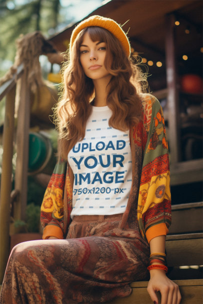 T-Shirt Mockup of an AI-Created Woman in an Outfit Inspired by the 80s Aesthetic