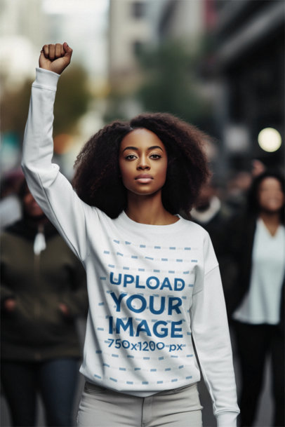Crewneck Sweatshirt Mockup Featuring a Serious Woman With a Protest Sign for Black History Month