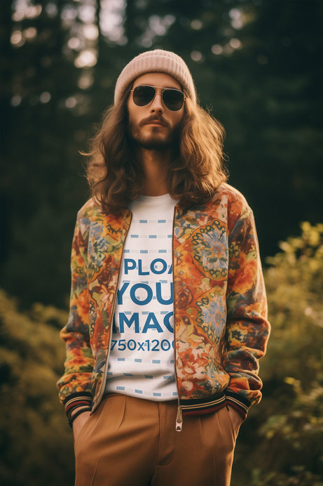 Sweatshirt Mockup of a Long-Haired Man Wearing an Outfit Inspired by a 60s Hippie Aesthetic