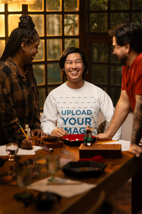 Gildan Crewneck Sweatshirt of a Cheerful Man Playing RPG With Friends
