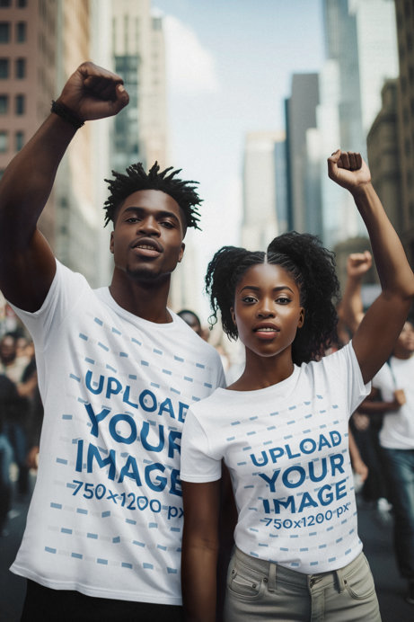 Black History Month-Themed T-Shirt Mockup of a Man and a Woman with Their Fists Up