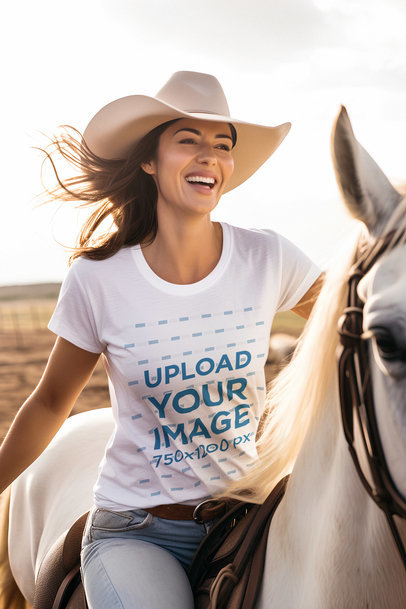 Western-Themed Mockup Featuring a Cheerful AI-Generated Woman With a T-Shirt Riding a Horse