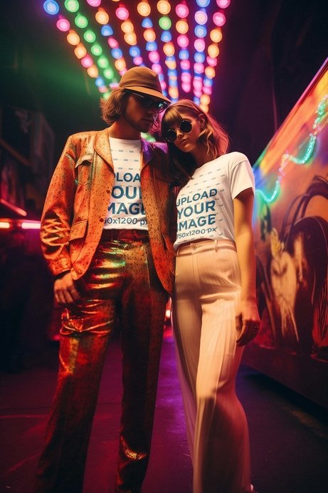 T-Shirt Mockup of an AI-Generated Couple Posing With a 70s Style