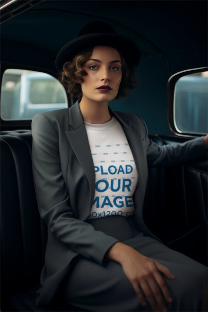 AI-Created T-Shirt Mockup Featuring a Woman in a 30s-Inspired Outfit