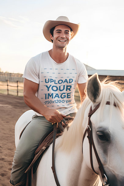 Western-Themed T-Shirt Mockup of a Happy Cowboy Riding a Horse