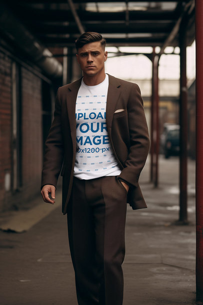 T-Shirt Mockup of a Serious AI-Created Man Posing a 30s-Themed Style