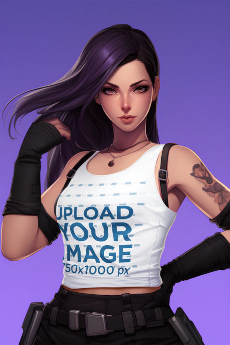Mockup of an Illustrated Woman Inspired by Valorant's Reyna Wearing a Tank Top