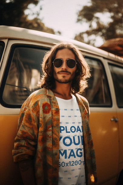 T-Shirt Mockup Featuring a Long-Haired Man with Sunglasses and a 60s-Inspired Look
